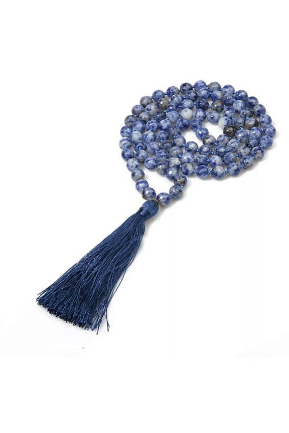 8MM Blue-veins Stone Knot Tassel 108 Bead Mala Necklace Chakras Energy Pray