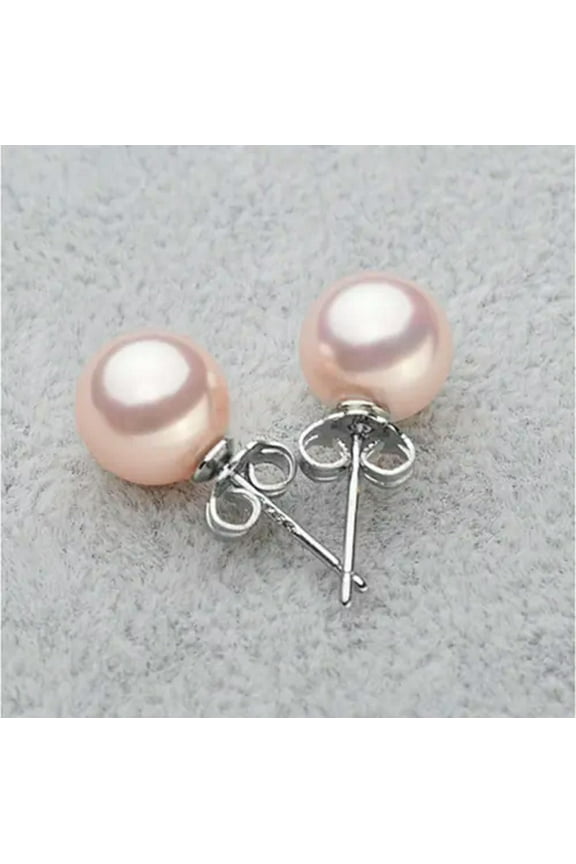 8Mm 925 Sterling Silver Round Natural Tahitian Shell Pearl Stud Post Earrings-Pink