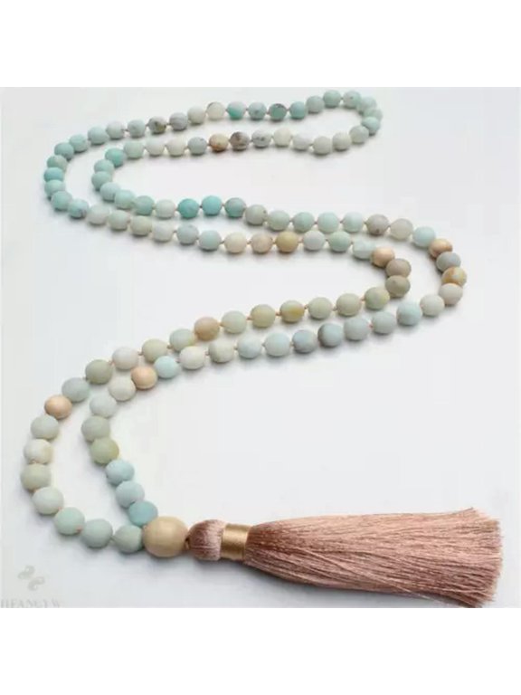 8mm Matte Amazonite Gems 108 Beads mala knot Tassel Necklace Spiritua Classic