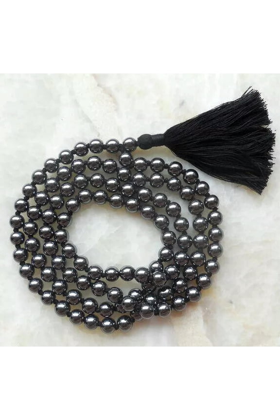 8mm Natural Hematite 108 Beads Gemstone Tassel Mala Necklace Cuff Buddhism