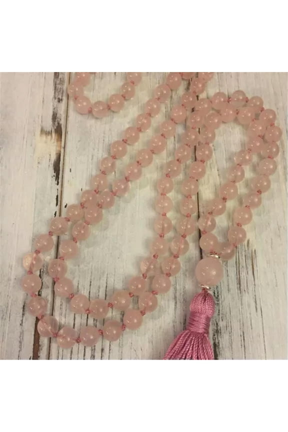 8mm Natural Rose Quartz 108 Beads Handmade Tassel Necklace Blessing Mala