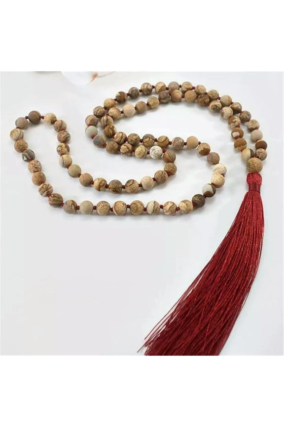 8mm Picture Jasper Stone 108 Beads Handmade Tassel Necklace Buddhism Chakra Mala