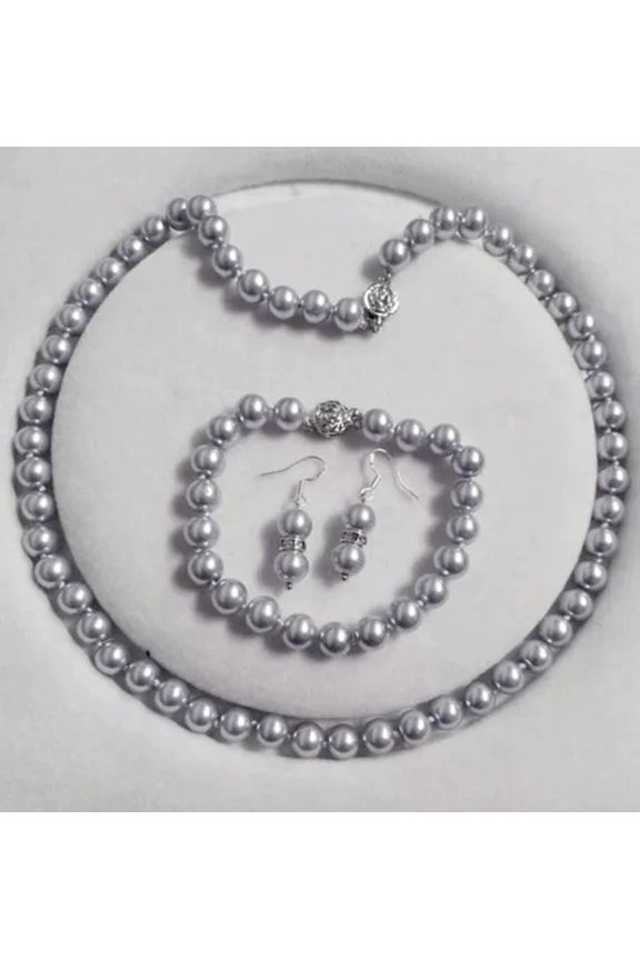 8mm Shell Pearl Round Beads Necklace + Bracelet + Earrings Delicate Jewelry Set-Gray