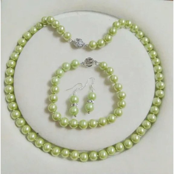 K-KED 8mm Shell Pearl Round Beads Necklace + Bracelet + Earrings Delicate Jewelry Set-Green