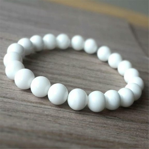 K-KED 8mm White Porcelain Jade Beads Handmade Bracelet 7.5inch Lucky Mala Chakra