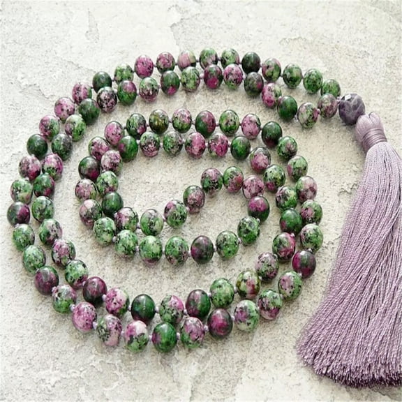 K-KED 8mm Zoisite Gemstone 108 Beads Tassel Mala Necklace Buddhism Chakra