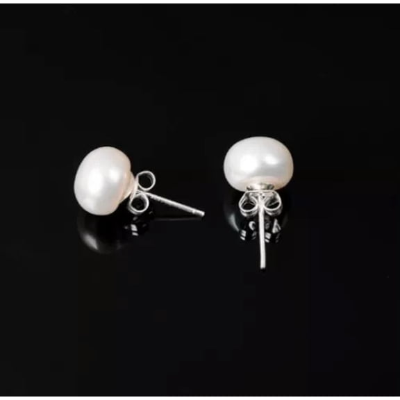 K-KED 9-10mm Genuine Cultured Freshwater Pearl Stud Earrings - Sterling Silver Gift-White