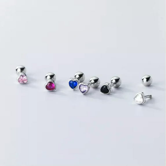 K-KED 925 Real Sterling Silver Double Sided & CZ Crystal 4mm Heart Ball Stud Earrings-Pink