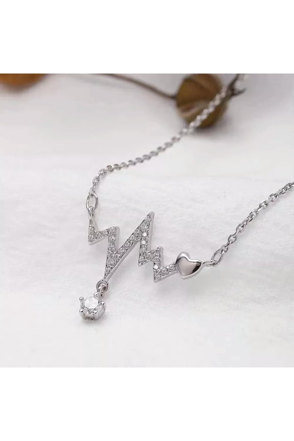 925 Silver ECG Necklace Heart Beat Pendant Luxury Charm Clawbone Chain