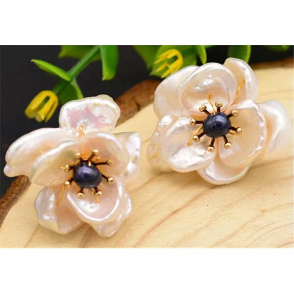 K-KED 925 Silver Earrings Black Natural Stone Baroque Pearl Flower Handmade Earrings