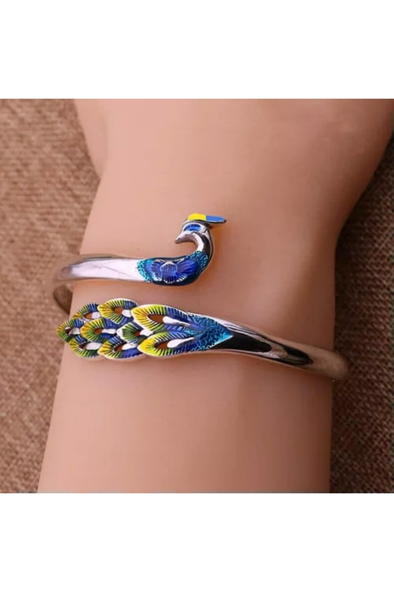 925 Silver Fashion Peacock Enamel Bracelet Bangle Cuff Women Wedding Jewelry-#1
