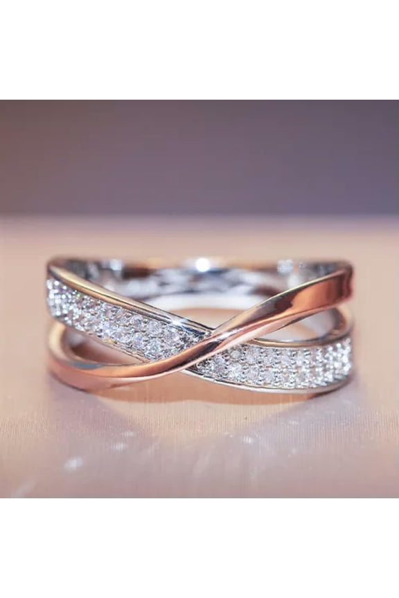 925 Silver Filled Cubic Zirconia Rings Elegant Women Wedding Delicate Jewelry Size 6-10-8-Silver+Rose Gold