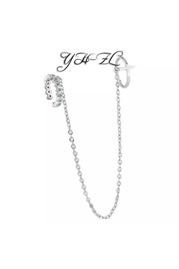 925 Silver Huggie Hoop Earring with Chain Handcuff Ear Cuff Cartilage,Cross 1pcs