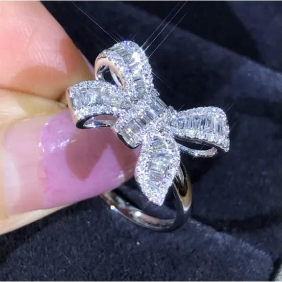 K-KED 925 Silver Luxury Clear Ribbon Bow Butterfly Ring Women Wedding Gift-9