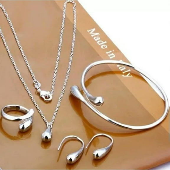 K-KED 925 Silver Necklace Bracelet Earrings Ring Delicate Jewelry Set Water Drop Jewelry-Silver