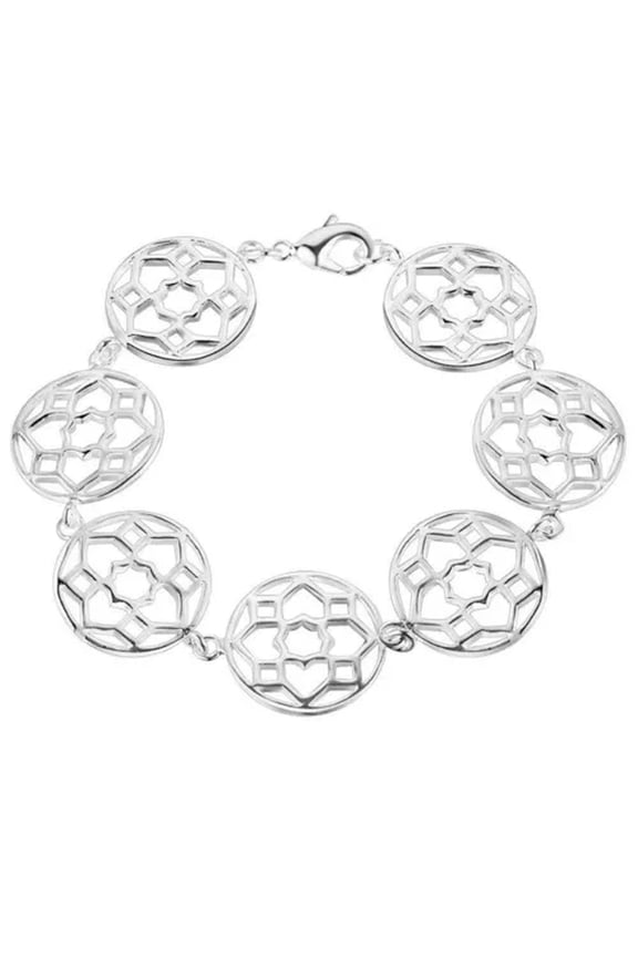 925 Silver Sterling Seven Round Paper Cut Hollow Dream Catcher Bracelet Chain-20cm