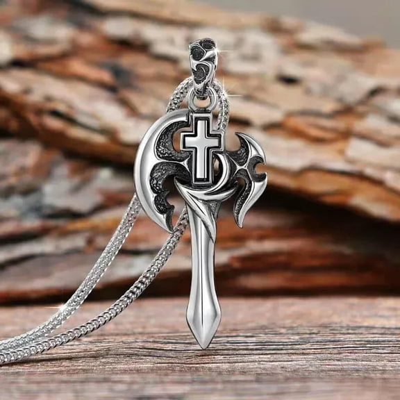 K-KED 925 Silver Vintage Fashion Dominant Cross Axe Pendant Necklace Sweater Chain
