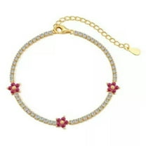 K-KED 925 Solid Sterling Silver 5A Zirconia Flower Tennis Chain Bracelets Party Gifts-Gold Plated-Ruby