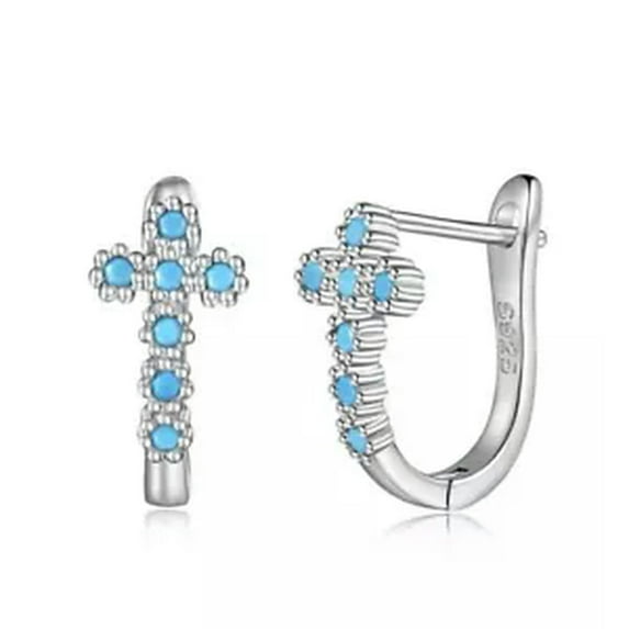 K-KED 925 Solid Sterling Silver Cross Zirconia Clip On Hoop Earring Party Wedding Gift-Blue