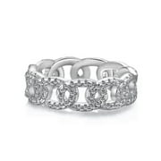 K-KED 925 Solid Sterling Silver Link Chain 5A Cubic Zirconia Band Ring Lady Party Gift-Silver-Size 7