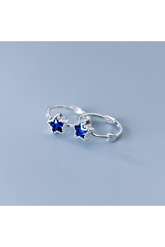 925 Sterling Silver 12mm Blue Star Design Hoop Sleeper Earrings (Pair)