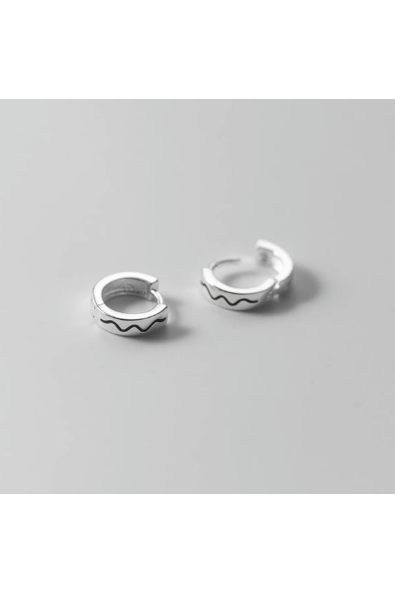 925 Sterling Silver Black Wave Huggie 10mm Hoop Earrings