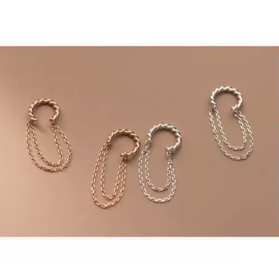 K-KED 925 Sterling Silver Chain Dangle Earrings Niche Clip-On Ear Cuff-Silver