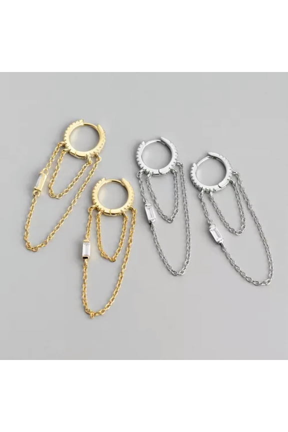 925 Sterling Silver Chain Drop Huggie Hoop Earrings, Round Hoop Earrings, Gift-Gold