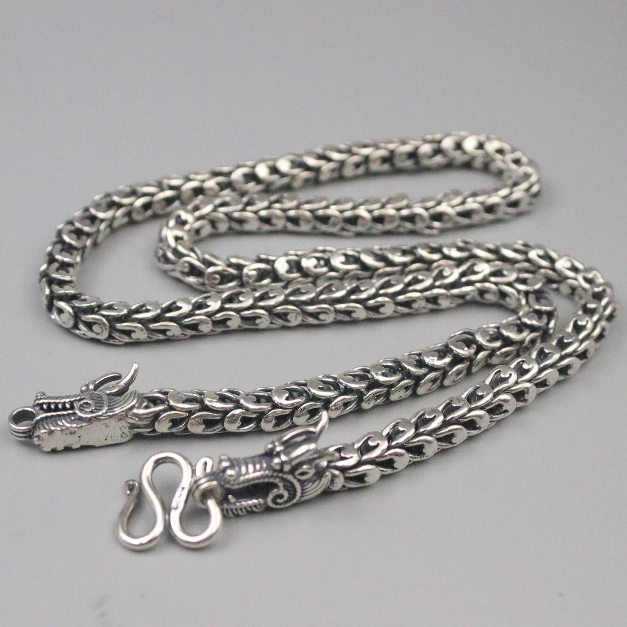 K-KED 925 Sterling Silver Chain Men's Double Dragon Head Clasp