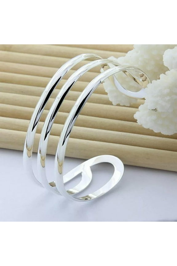 925 Sterling Silver Classic Adjustable Three Line Cuff Bangle Bracelet for Women-default