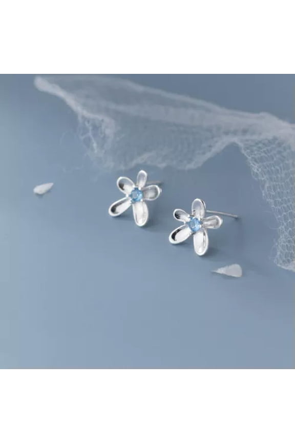 925 Sterling Silver Clear/Blue Flower Stud Earrings xFlowers Studs Garden-Blue