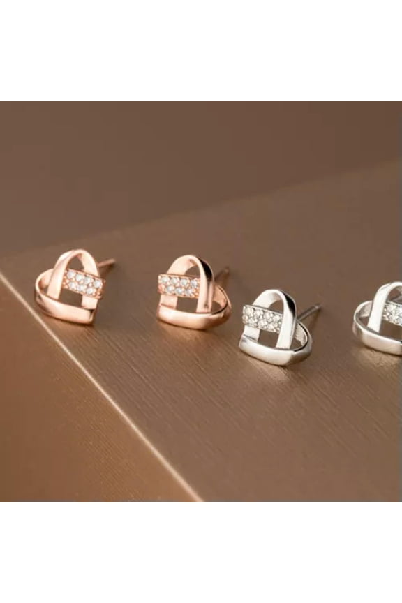 925 Sterling Silver Cute Small Crystal Heart Knot Stud Earrings Pair Gift-Silver