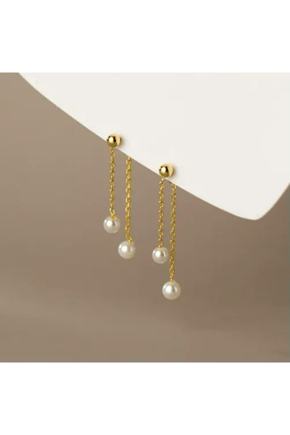 925 Sterling Silver Dual Pearl Beads Chain Jacket Stud Earrings-Silver