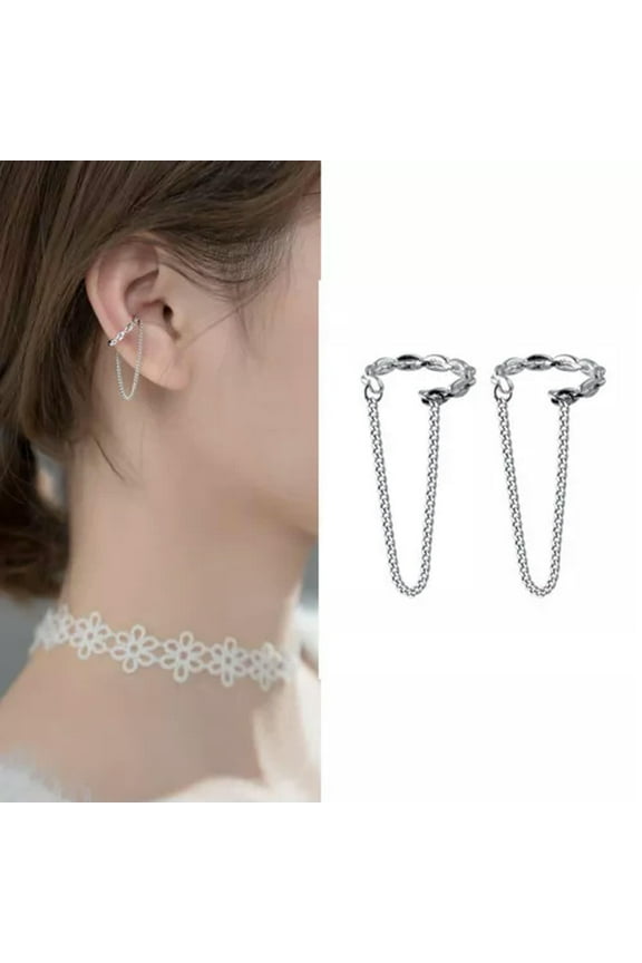 925 Sterling Silver & Ear Cuff with Trace Chain Earrings NO Piercing-Gold
