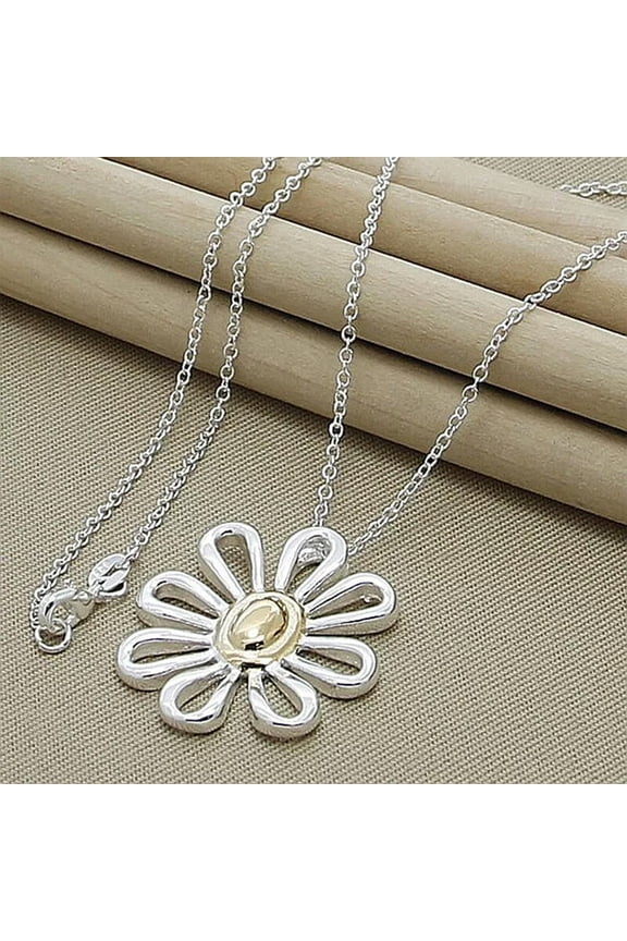 925 Sterling Silver Flower Pendant Necklace Chain Wedding Engagement Jewelry