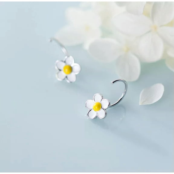 K-KED 925 Sterling Silver Flower Pull Through Open Hoop Earrings