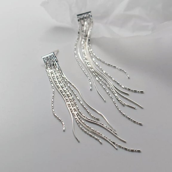 K-KED 925 Sterling Silver Full Geometric Long Tassel Earrings Drop Dangle Women Gift