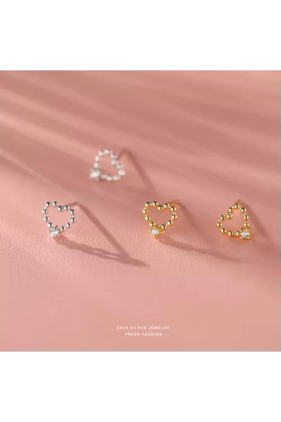 925 Sterling Silver Lab-Created Zircons Heart-Shape Stud Earrings For Women-Silver