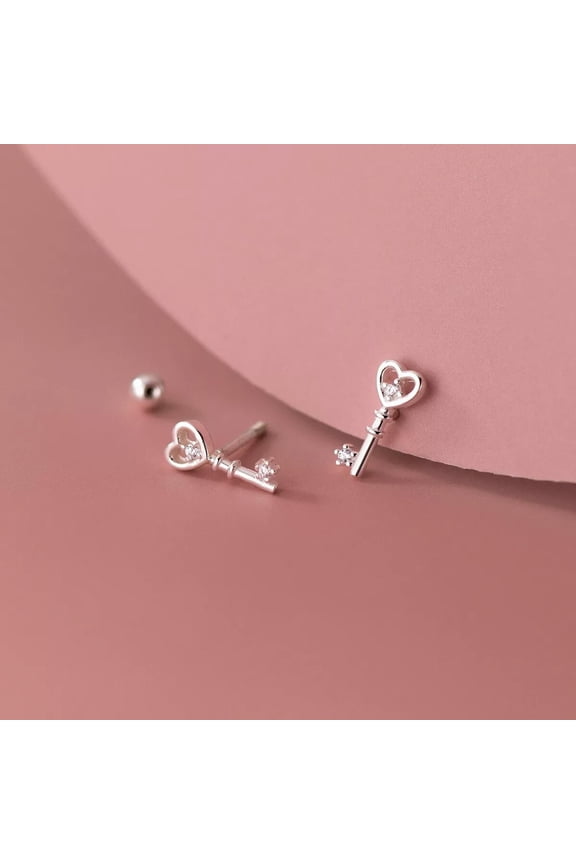 925 Sterling Silver Love Heart Key Stud Earrings