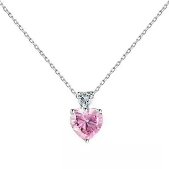 K-KED 925 Sterling Silver Lover Heart Zirconia Pendant Necklace Valentine Wedding Gift-Pink