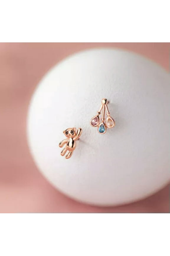 925 Sterling Silver Party Crystal Bear Balloons Stud Earrings-Silver