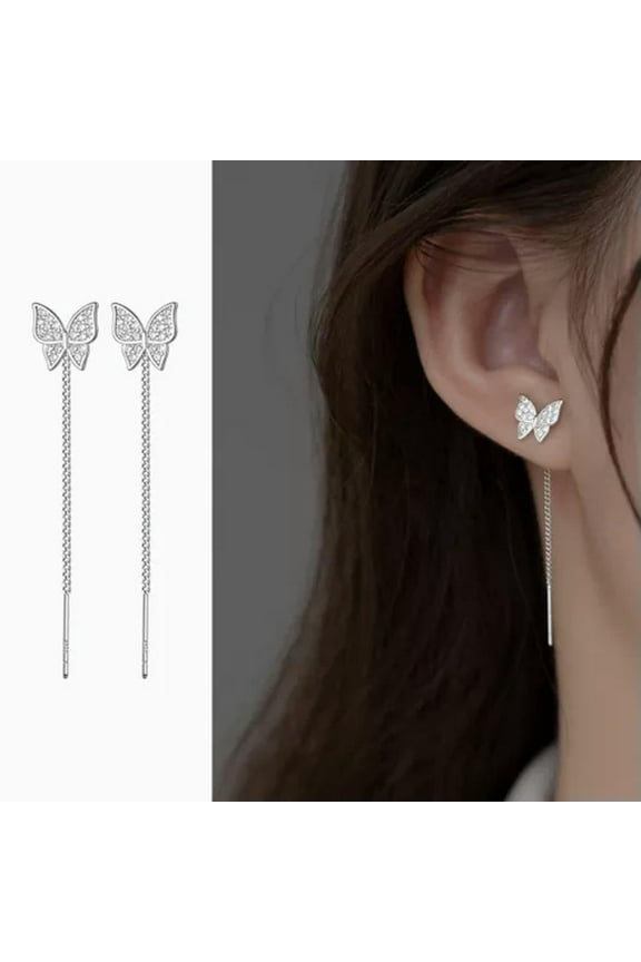 925 Sterling Silver Paved CZ Butterfly Chain Drop Pull Through Threader Earrings-Silver