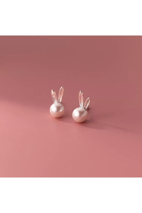 925 Sterling Silver Pearl Bead Rabbit Stud Earrings Womens Jewellery