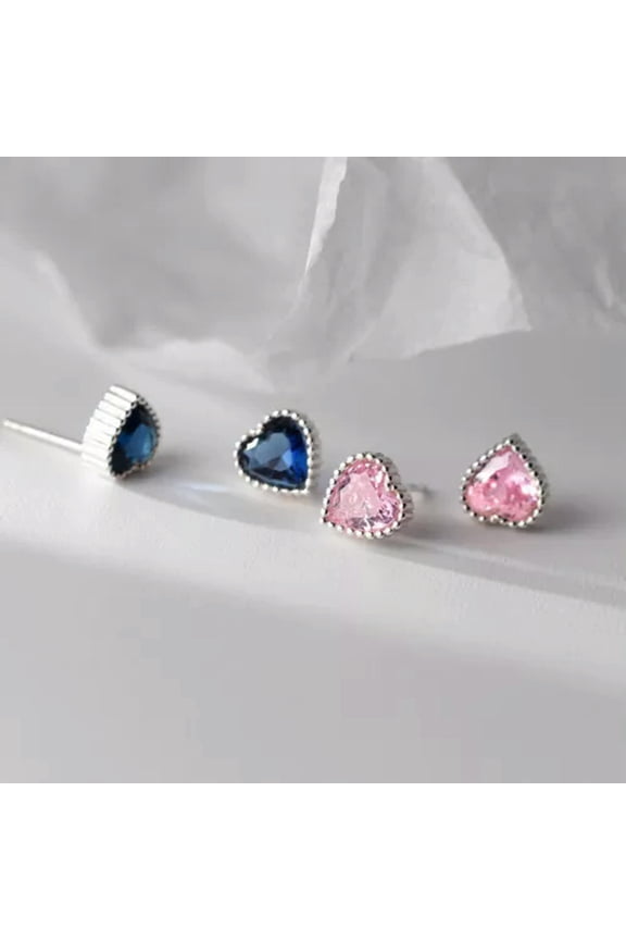 925 Sterling Silver Pink/Blue/Clear Zircon Love Heart Stud Earrings-Pink