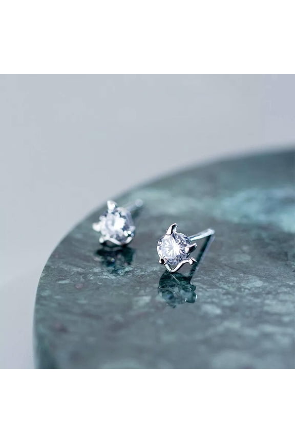 925 Sterling Silver Plain Cat Zircon Stud Earrings Simple Studs