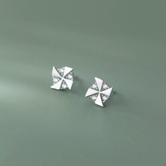 K-KED 925 Sterling Silver Plain Crystal windmill Stud Earrings Simple Studs