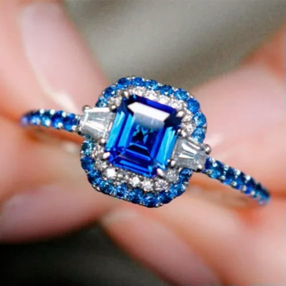 K-KED 925 Sterling Silver Rings Blue Zircon Ring Women Wedding Ring Size 6-10-9