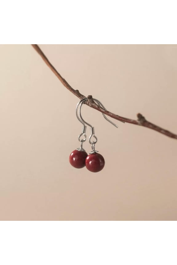 925 Sterling Silver Round Cinnabar Stone Beads Drop/Dangle Hook Earrings