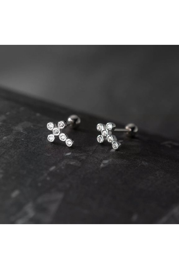 925 Sterling Silver Screw Back Stud Earrings Clear Crystal Cross Screwback Studs