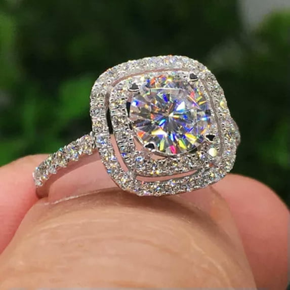 K-KED 925 Sterling Silver Shiny Crystal CZ Square Rings Womens Wedding Ring Size 6-10-7